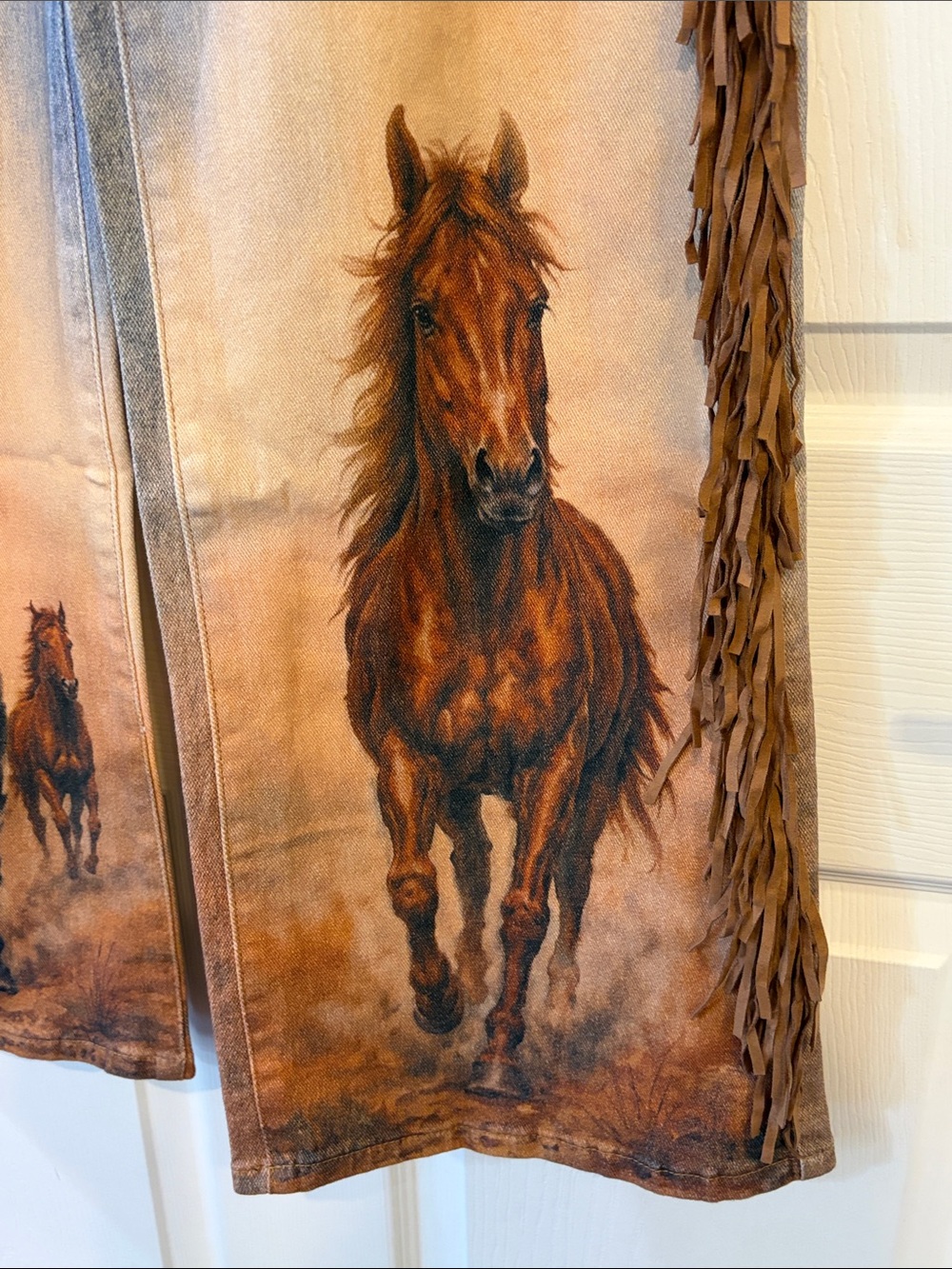 BNWT Western Brown & Black Horse Print Fringe Wide Leg Jeans - Picture 5 of 7